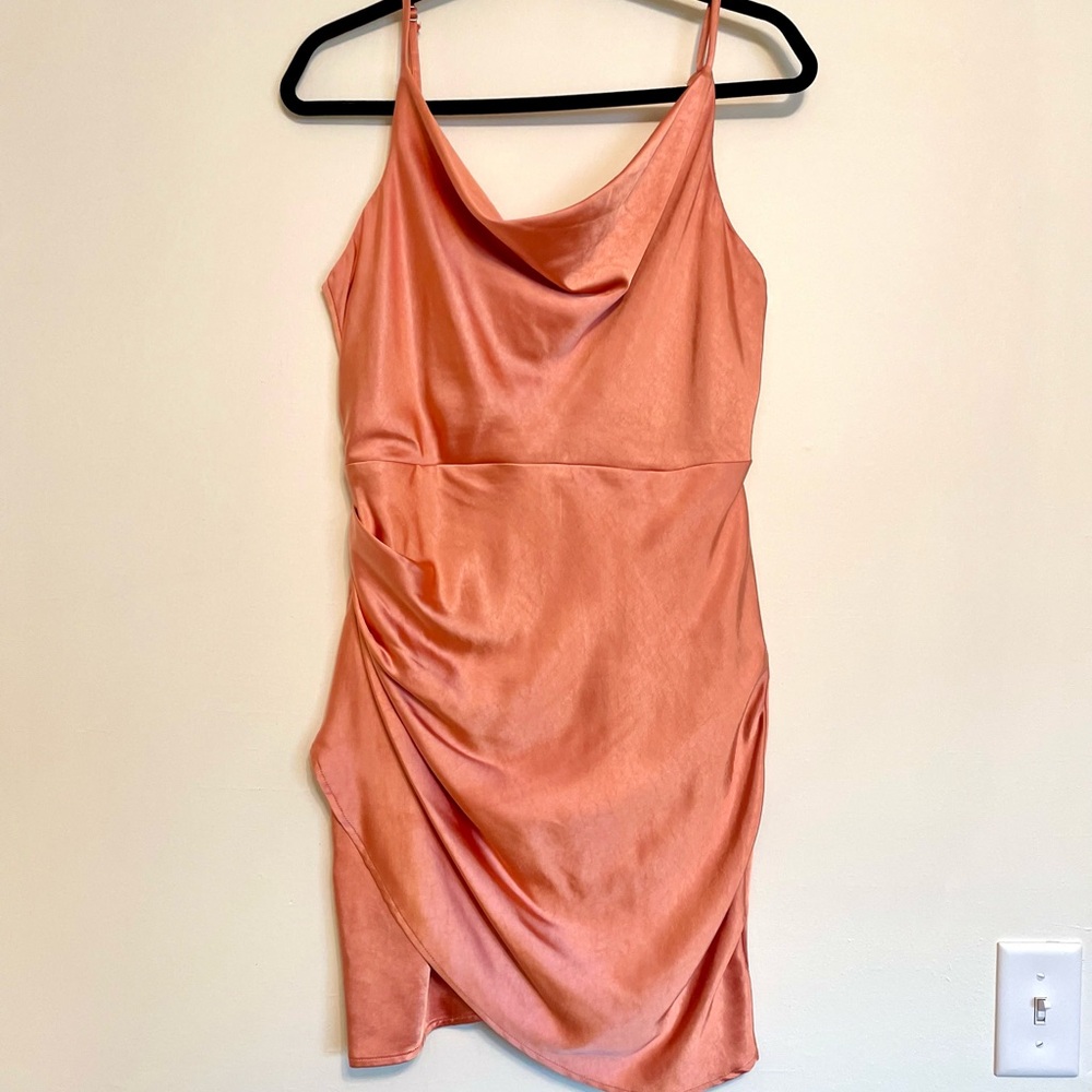 Lulu’s Memorable Nights Rose Pink Satin Cowl Neck Tulip Mini Dress